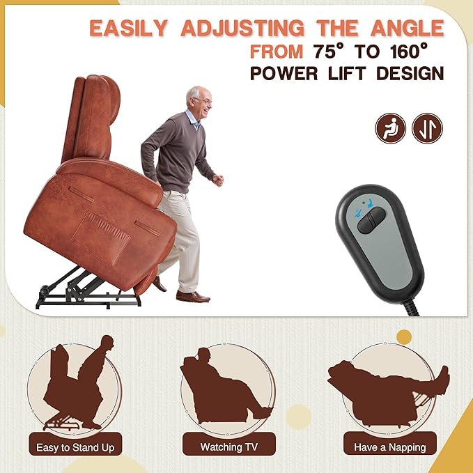 Electric Power Lift Recliner Chair with Massage for Elderly Corduroy Fabric Recliner Single Sofa with Cup Holders, Side Pockets and Remote Control for Living Room Bedroom (Leathaire, Brown)