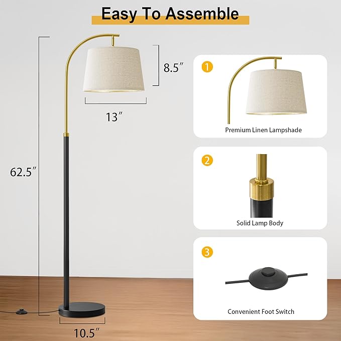 62.5" Floor Lamps for Living Room with Foot Switch Arc Tall Standing Lamp for Bedroom Mid Century Modern Corner Gold Black Floor Lamps for Office Nursery Industrial Reading Light Room Lamp