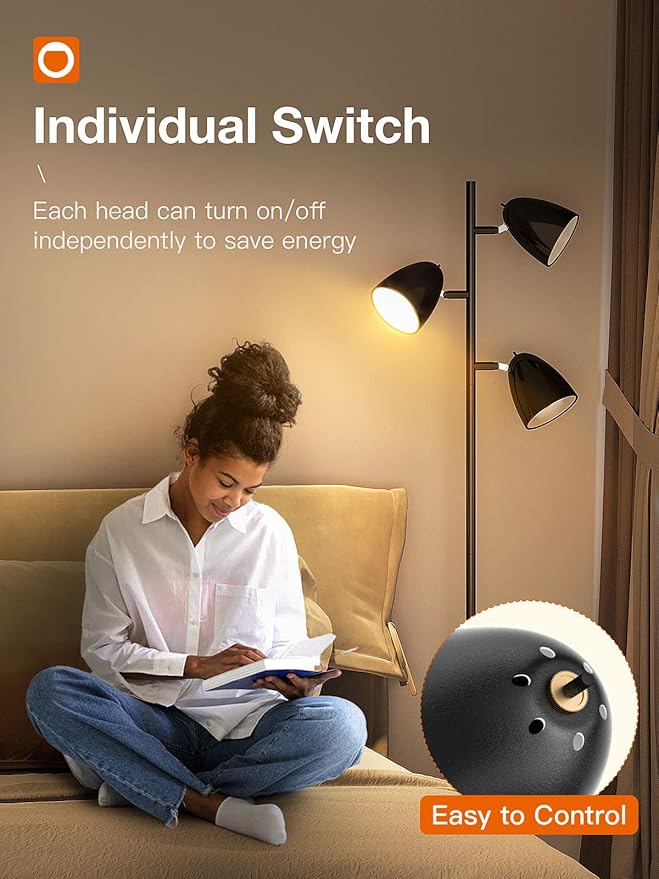 addlon Tree Floor Lamp with 3 Adjustable Rotating Lights and Matching LED Bulbs, Standing Tall Pole Lamps for Living Room, Bedroom, Home, Office - Black