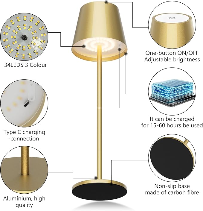 Aipsun 2 Pack Gold Table Lamp LED Modern Rechargeable Portable Table Light 6200mAh Battery Powered Table Lamp 3 Color Temperature Stepless Dimming Cordless Touch Lamps
