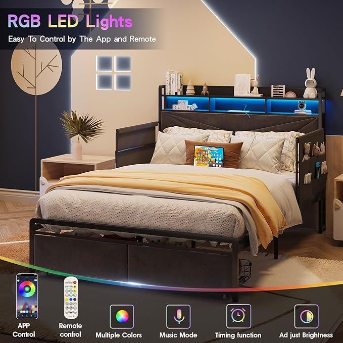 Maupvit Full Bed Frame with Storage Headboard and Drawer,Upholstered Platform Bed Frame with LED Lights & Charging Station,Full Size Bed with Guardrail,No Box Spring Needed,Grey