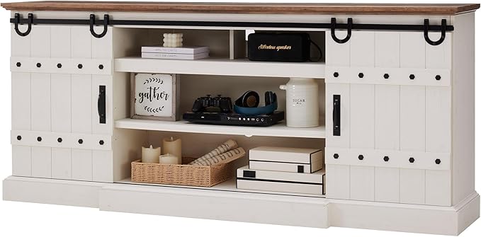 OKD 75" Farmhouse TV Stand for TVs Up to 85 Inches, Large Rustic Entertainment Center with Sliding Barn Door, Tall Highboy Media Console Table with Storage Cabinet for Living Room, Antique White