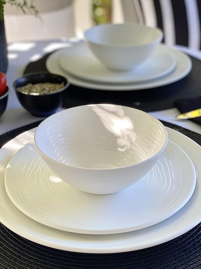 bzyoo 12 Piece White Melamine Dinnerware Set - Durable, Easy to Clean Plates and Bowls - Ideals for Parties, Camping Dish Set BPA Free Organica White Collection