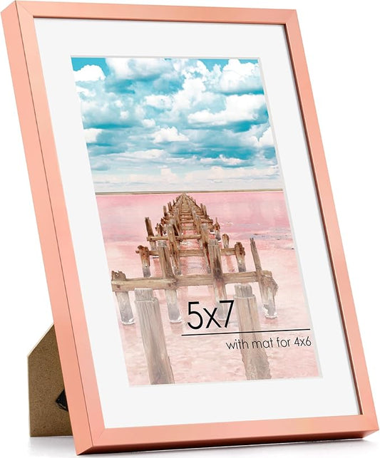 5x7 Picture Frame | 5x7 Metal Frame With Mat For 4x6 | 5 x 7 Aluminum Photo Frame | Plexiglass And Hanging Hardware Included | 5 By 7 Picture Frame | Rose Gold