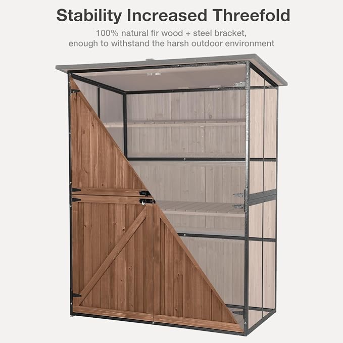 Outdoor Storage Shed with Floor - Waterproof Natural Fir Cabinet with Adjustable Shelves and Double Lock for Anti-Theft - Suitable for Storing Garden Tools, and Household Debris (Deep Brown)