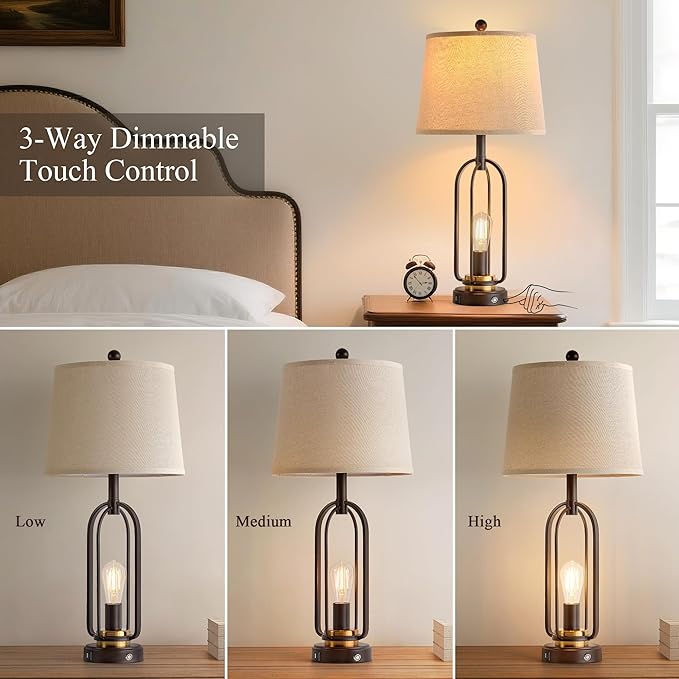 Farmhouse Table Lamps for Living Room Set of 2, 28.5" Tall Rustic Table Lamps with USB Ports, 3-Way Dimmable Vintage Bedside Lamps for Bedroom Nightstand, Bulbs