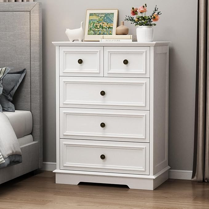 White 5 Drawer Dresser for Bedroom, Modern Chest of Drawers, Wooden Storage Dresser with Deep Drawers for Bedroom, Living Room, Entryway, Hallway