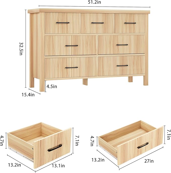 Fluted 7 Drawers Dresser for Bedroom, Modern Chest of Drawers with Metal Handle, Wood Dresser TV Stand, Wooden Closet Clothes Storage Organizer for Living Room, Hallway (Natural Oak)