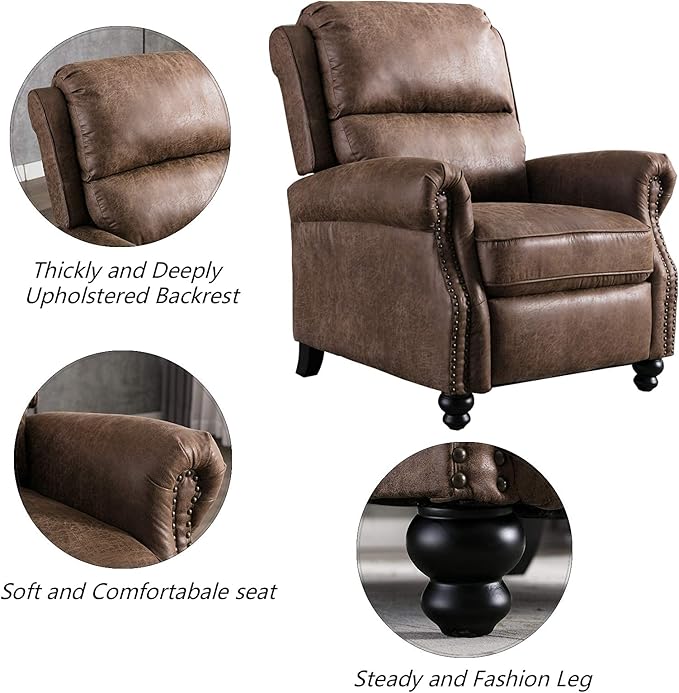 CANMOV Pushback Recliner Chair Faux Leather Armchair Push Back Recliner with Rivet Decoration Single Sofa Accent Chair for Living Room, Chocolate