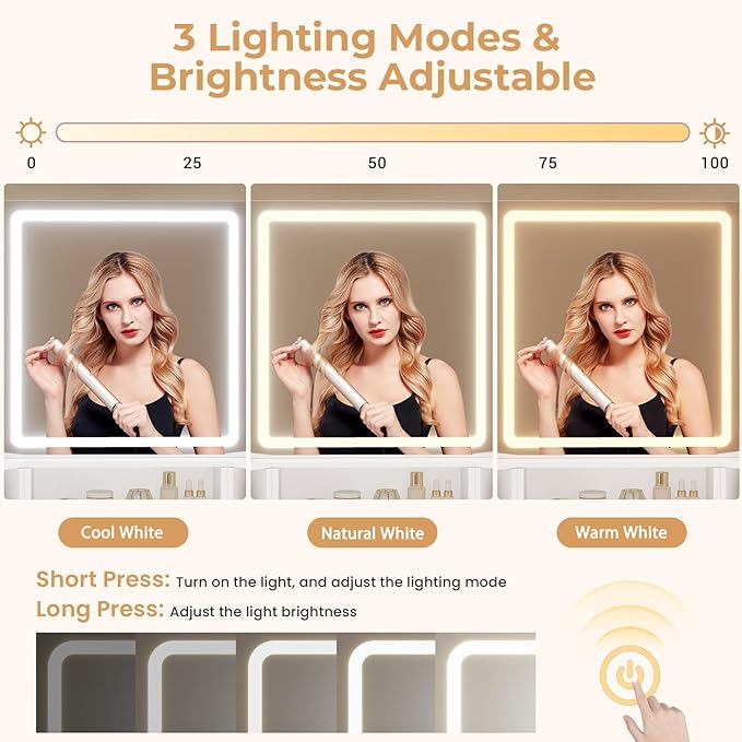 Vanity Desk with Tri-Fold Mirror and Lights, Storage Stool, Corner Makeup Vanities with Drawers & Power Outlet, 3 Light Settings, Dimmable for Bedroom, Women Girls, White