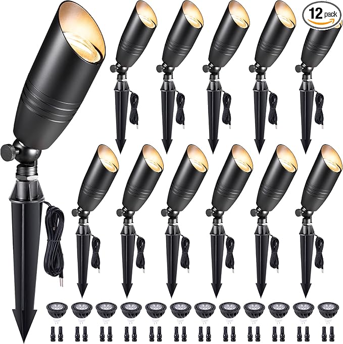 Die-Cast Brass Spot Light Outdoor - 12V LED Uplighting Waterproof, Low Voltage Landscape Lights Direct Wire, Black for Fence Fountain with Warm White MR16 Replaceable Bulbs (12 Pack)