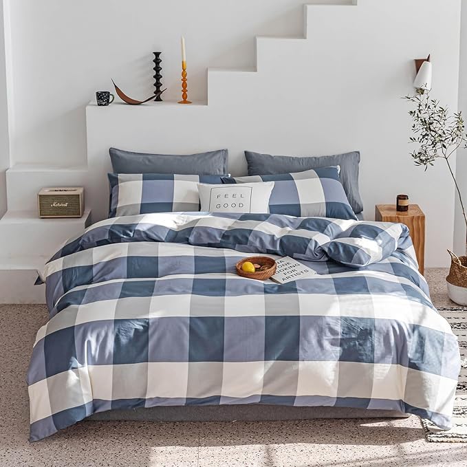 mixinni Full Comforter Set Soft Fluffy Modern Style Checkered Pattern Comforter for Boys Mens, 1 Blue White Grey Geometric Comforter and 2 Pillowcases, All Seasons-Full Size