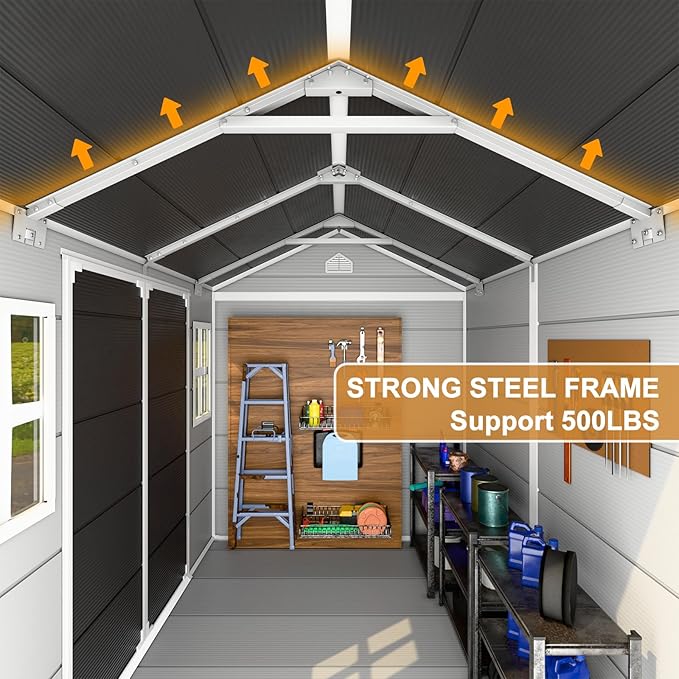 8x6 FT Resin Storage Sheds with Floor Waterproof Outdoor Shed Kit, Outside Plastic Sheds with 2 Windows for Backyard Garden Patio Lawn Tools