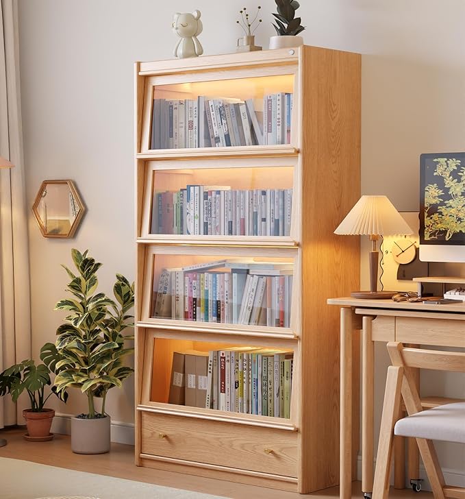 Solid Wood Bookcase with Flip-Up Tempered Glass Doors,70" H Tall Wood Book case with 3 Color Led Lights,4 -Tier Wooden Bookshelf and 1 Drawer,Display Cabinet Kitchen Pantry for Living Room,Office