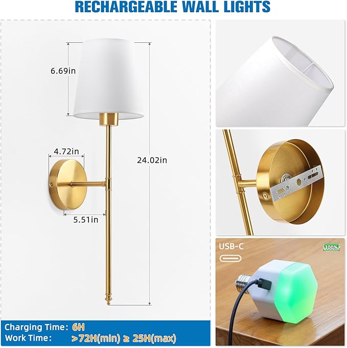 NIORSUN Battery Operated Wall Sconce Set of 2,Gold Rechargeable Wall Lights with 5200mAh Dimmable Bulbs and Remote,10 Colors Wireless Wall Lamps for Bedroom Living Room Hallway Decor