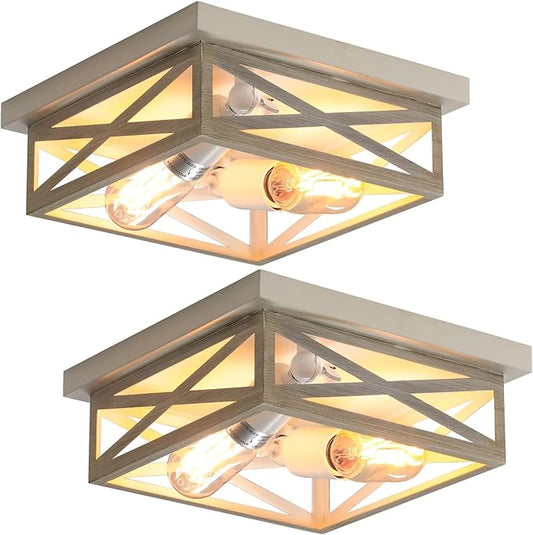 2 Pack White Flush Mount Ceiling Light, Farmhouse Ceiling Light Fixtures, 2-Light Rustic Metal Finish Industrial Kitchen Light Fixture for Bedroom, Hallway Light