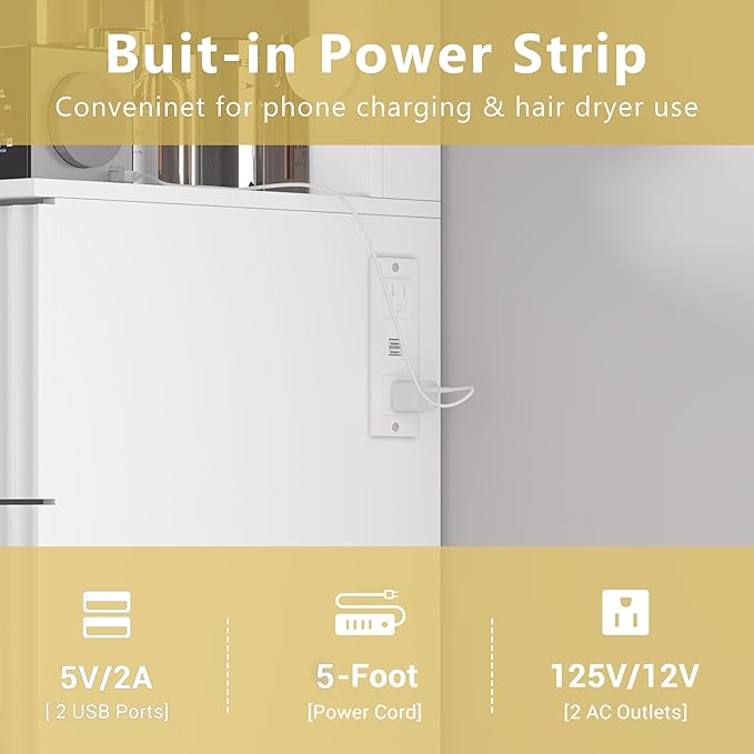 Fluted Makeup Vanity with Large Lighted Mirror and Chair, 7 Drawer Dressing Table with Power Outlet and USB, Elegant Vanity Desk with Cushioned Stool for Bedroom, Women, Girls