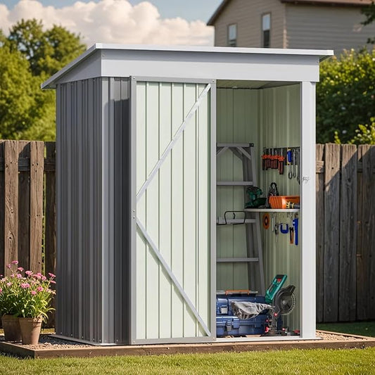 Greesum 5×3 FT Outdoor Storage Shed, Metal Storaged Sheds Without Floor, Tool Sheds with Lockable Doors and Slooping Roof for Garden, Patio, Backyard, Gray