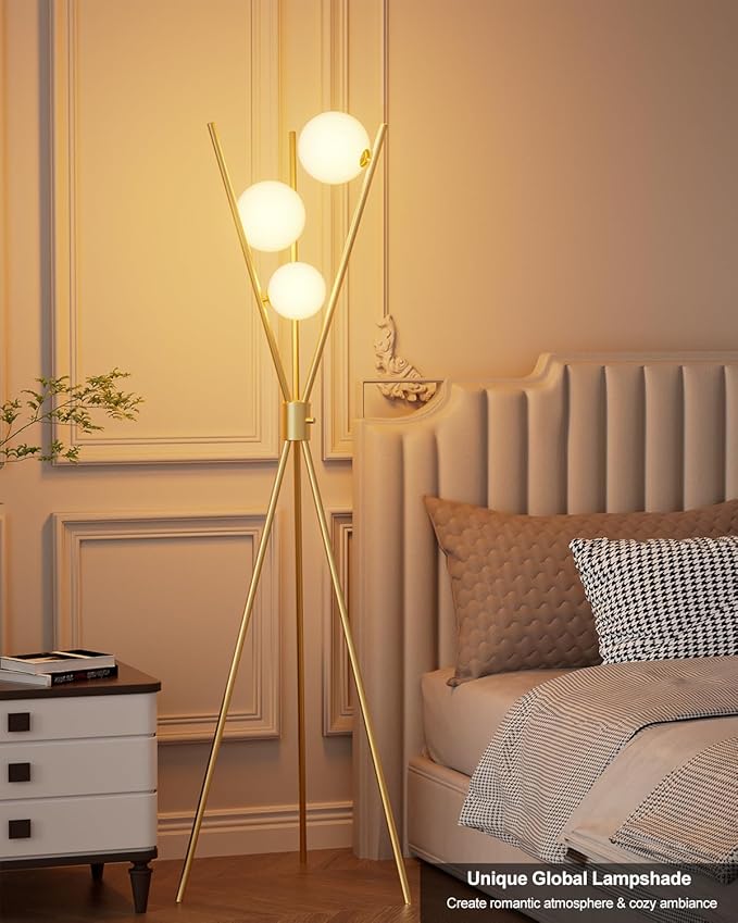 Lightdot Tripod Floor Lamp Stepless Dimmable Globe Modern Floor Lamp Gold Standing Lamps with 3PCS 3000K G9 Bulbs Stable Base Mid Century Floor Lamps for Living Room