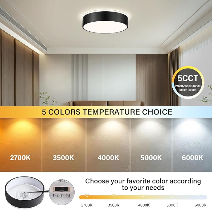 Dimmable Black LED Large Flush Mount Ceiling Light, 5CCT 2700K-6000K Ceiling Light Fixture,Modern Minimalist Round Metal Ceiling Lamp for Bedroom, Kitchen, Living Room 36W- 15.7in