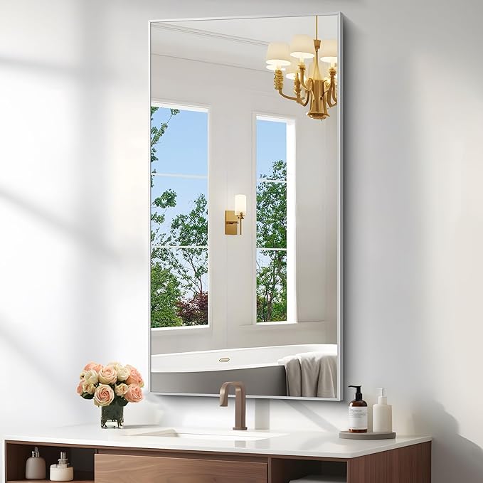 KOCUUY 24x48 Inch Large Silver Wall Mounted Mirror,Brushed Nickel Framed Rectangular Mirror for Wall Over Sink,Modern Design for Bedroom Living Room Bathroom,Functional Oversized Mirror