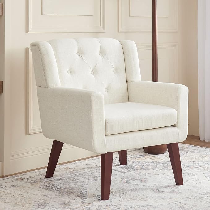 Living&Giving Accent Chair Button-Tufted Upholstered Living Room Chairs Comfy Reading Mid Century Modern with Linen Fabric Lounge Arm for Bedroom (Beige) 29.33D x 28.94W x 34.65H Inch