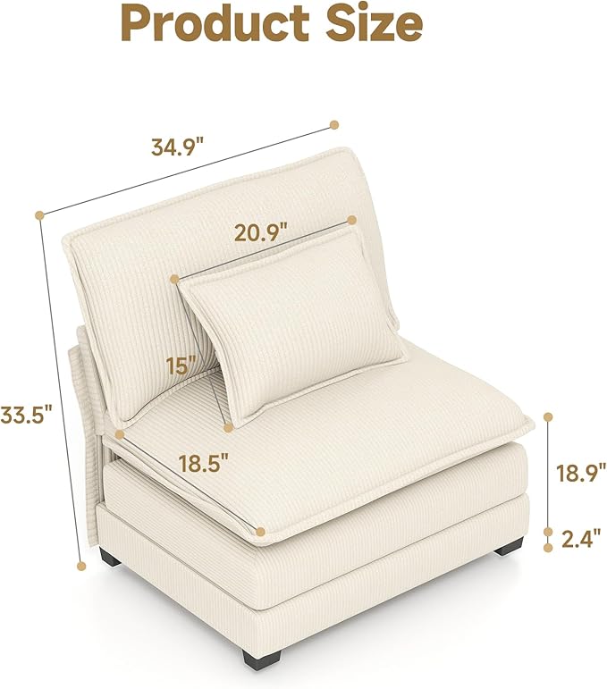 Real Relax 34.9'' Modular Sectional Sofa, Single Seat Without Armrest Corduroy Convertible Couch with 2 Pillows for Living Room, Office and Leisure Places, Beige