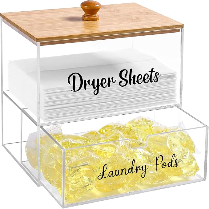 Acrylic Laundry Pods Contianer and Dryer Sheet Holder Set with Bamboo Lid, Dishwasher Pods Container, Laundry Pods Holder, Laundry Soap Organizer, Laundry Room Organization and Storage