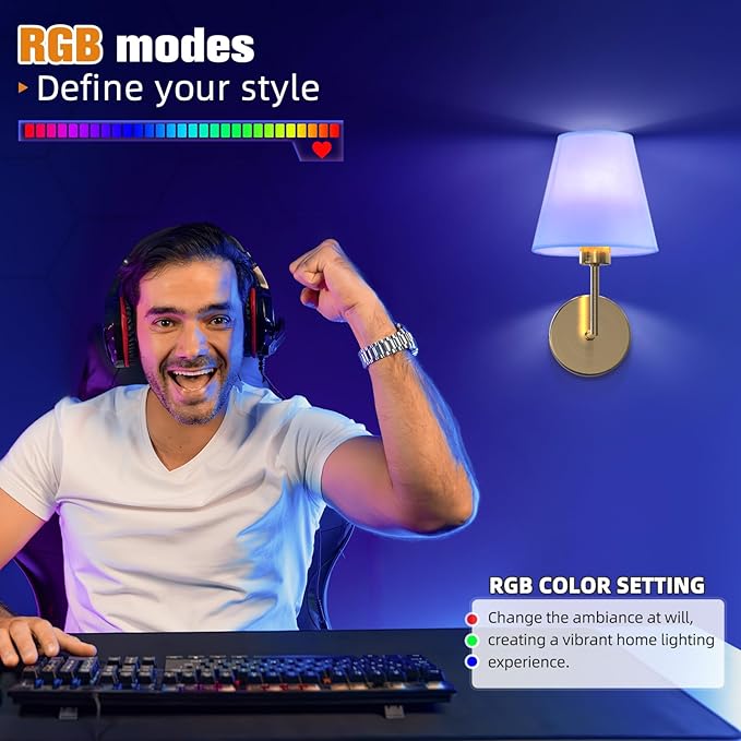 NIORSUN 13.8 inch Battery Operated Wall Sconce Set of 2,Gold Rechargeable Wall Lights with 5200mAh Dimmable Detachable Bulbs and Remote,9 Colors Wireless Sconces for Bedroom Living Room Hallway