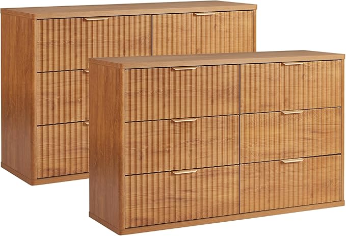 LEYAOYAO Fluted 6 Drawers Dresser Set of 2, 48" Wide Modern Chest of Drawers with Metal Handle, Brown Curved Profile Dresser TV Stand, Wooden Drawer Organizer for Bedroom, Living Room, Hallway