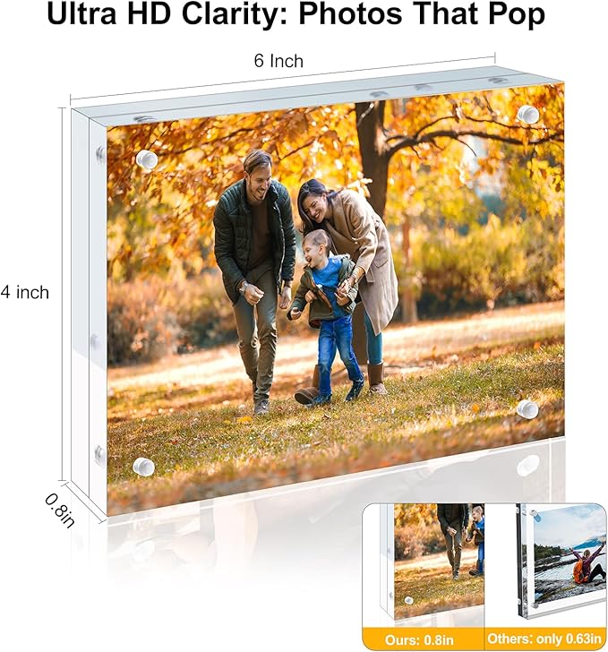 2 Pack 4x6 Acrylic Picture Frames - 20% Thicker Double Sided Magnetic Frame with UV Protection - Freestanding Clear Frameless Display for Tabletops - Modern Photo Frame Set for Home & Office Decor