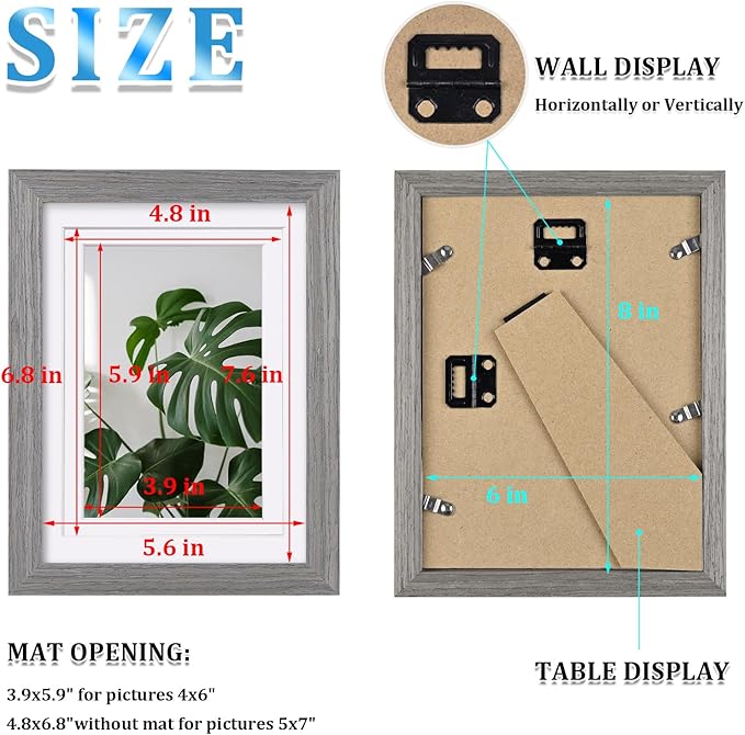 Egofine 6x8 Picture Frame Made of Solid Wood with Plexiglass, Display Pictures 4x6/5x7 with Mat or 6x8 Without Mat for Tabletop and Wall Mounting, Oak Grey