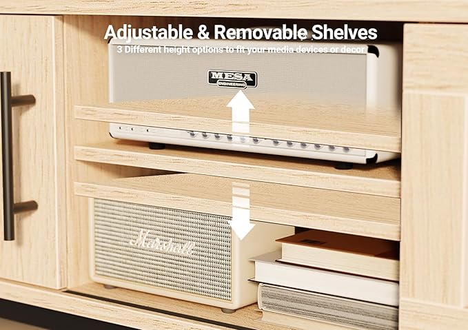 Claiks Mid Century Modern TV Stand for TV up to 70 inch, Entertainment Center with Sliding Barn Doors & Adjustable Shelve, Retro Low Profile Media Console TV Table for Living Room, Natural Oak