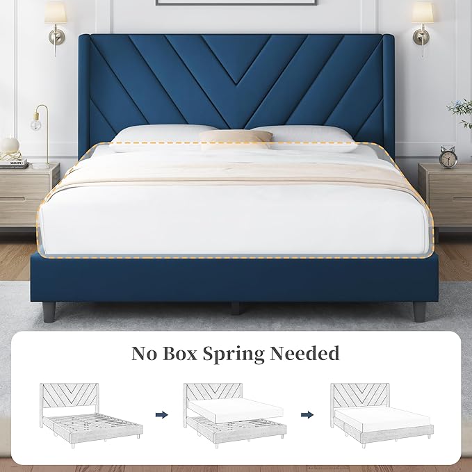 Yaheetech Queen Bed Frame Upholstered Platform Bed with Wing Side/Wooden Slat Support/Tufted Headboard with Wing Side/Mattress Foundation/No Box Spring Needed,Blue Queen Bed