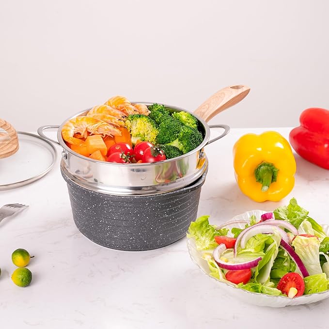 JEETEE 2.5 Quart Saucepan with Steamer Basket, Small Sauce Pot with Lid，Nonstick Coating with Pour Spout, Induction Compatible Cookware Sauce Pan for Cooking, PFOA/PFOS Free