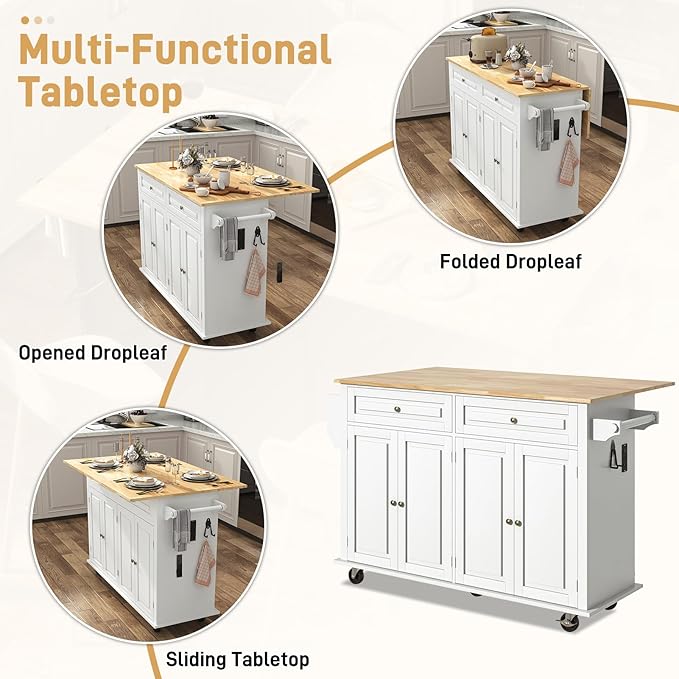 59.1" Movable Kitchen Island with Drop Leaf and Power Outlet, Rolling Island Cart w/Storage Cabinet, Island Table on Wheels for Kitchen w/2 Drawers, Spice Rack, Towel Bar, Garage Hook, White