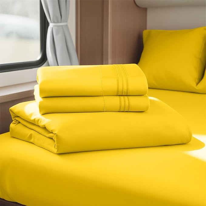 Clara Clark Bed Sheets, Premier 1800 Series 4 Piece RV Queen Sheet Set, Luxury Soft Sheets for RV Bunks, Short Queen - Yellow