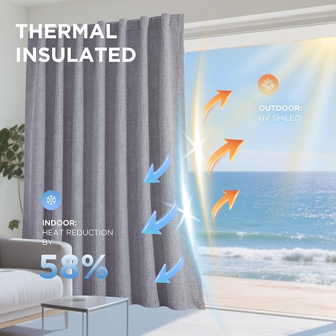Joydeco 100% Blackout Curtains for Bedroom - Natural Linen Curtains 52" W x 120" L Long, Thermal Insulated 2 Panels Light Grey. Room Darkening Light Blocking Drapes for Living Room