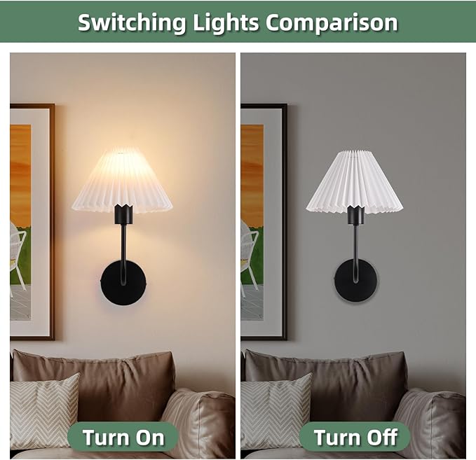 Wall Sconces Sets of 2, White Pleated Fabric lampshade, Matte Black Wall Lamp Curved Wall Lighting Bathroom Dresser Hardwired sconces wall decor Fixture Applicable to Living Room Bedroom Dining Room
