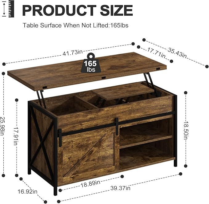 Lift Top Coffee Table with Storage and Sliding Door, 4 in 1 Multi-Function Convertible Tea Table with Hidden Compartment, Farmhouse Center Table with Wood Lift Tabletop for Living Room Brown