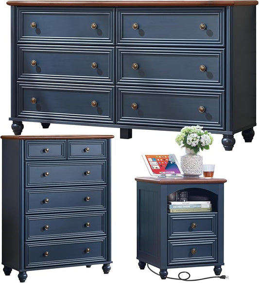 Farmhouse Dressers & Night Stand Set of 3, Wood 54" Wide 6 Drawer Dresser & 43.5"Tall Chest of Drawers, 18" with Charging Station Nightstand, Bedroom Furniture Dresser Set for Home Living Room Hallway