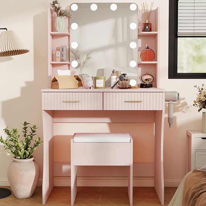 Small Vanity Desk with Mirror and Lights, Makeup Vanity Desk with 3 Color Modes Adjustable Bulb, 2 Large Drawers and 4 Open Storage Shelves, Pink Vanity with Charging Station for Bedroom
