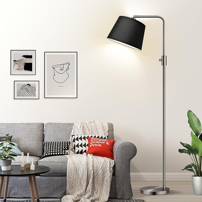【Upgraded】 Dimmable Floor Lamp, 1000 Lumens LED Edison Bulb Included, Brushed Nickel Arc Floor Lamps Modern Standing Lamp with Black Shade, Tall Lamps for Living Room Bedroom