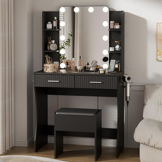 Vanity Desk with LED Lighted Mirror, Makeup Vanity with 3 Adjustable Lights, 2 Large Drawers and 4 Open Shelves, Black Vanity with Storage Stool for Bedroom