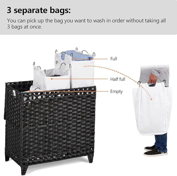 Laundry Hamper with 3 Removable Liner Bags; 132L Handwoven Rattan Laundry Basket with Lid & Heightened Feet; Clothes Hamper with Side Handles; Laundry Sorter with 3 Separate Sections (Black)