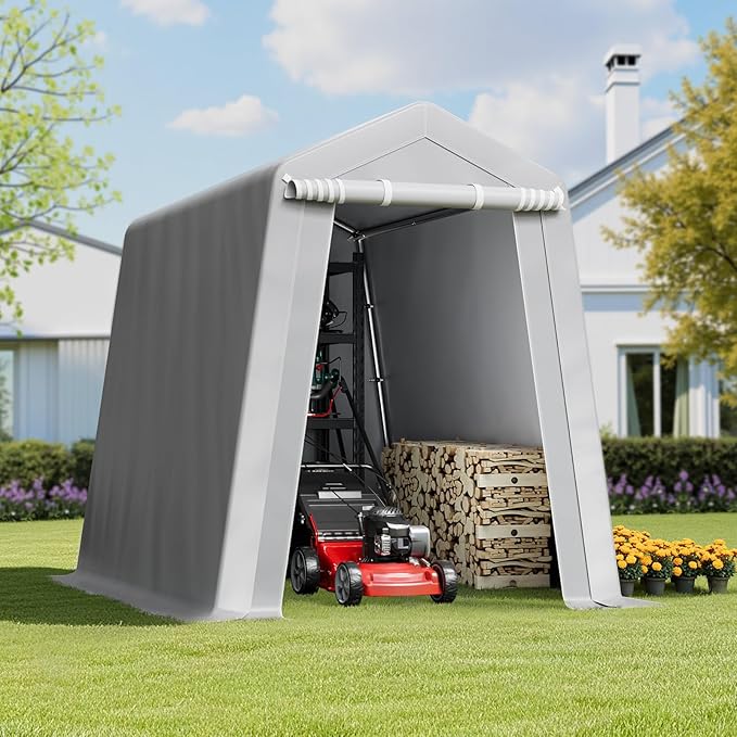 VEVOR 6x8x7 FT Portable Outdoor Storage Shed, Heavy-Duty Waterproof Shelter with Roll-Up Zipper Door & Vents, UV-Resistant Carport for Motorcycle, Bike, Lawn Mower, Tools �Gray