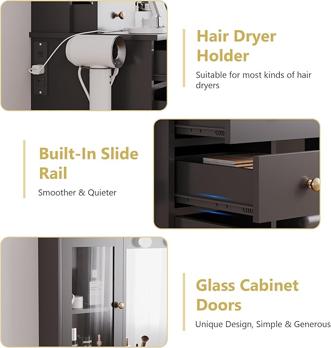 Makeup Vanity Desk with Mirror & LED Lights, Storage Drawers, Charging Station, Cabinets & Stool, Large Dressing Table with RGB Ambient Lighting for Bedroom & Vanity Room