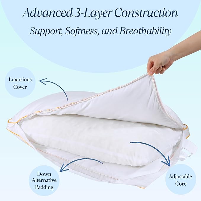 Adjustable Premium Memory Foam Pillow, Queen Size 30x18 inches, 400 TC Organic Cotton Cover with Down Alternative Plush Padding, Designed for Stomach, Back, & Side Sleepers