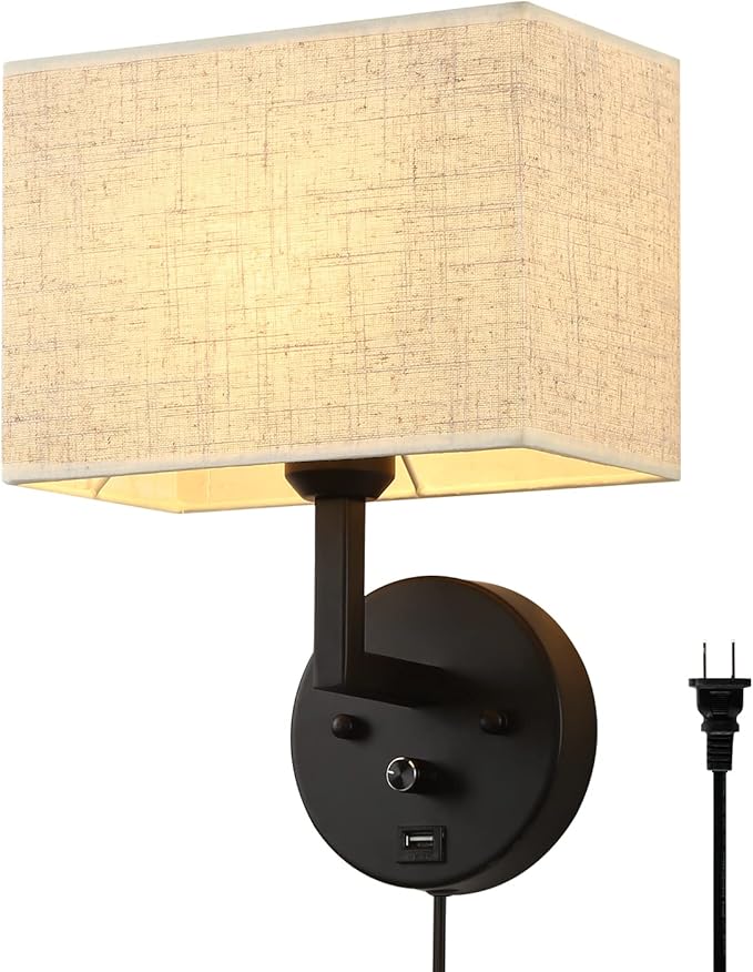 Plug in Wall Sconce with Dimmer Switch and USB Port，9.5“Rectangular Linen Fabric Shade，Bedside Wall Lamp Matte Black Finish，Wall Lamp Perfect for Bedroom, Living Room and Hotel. E26 Base