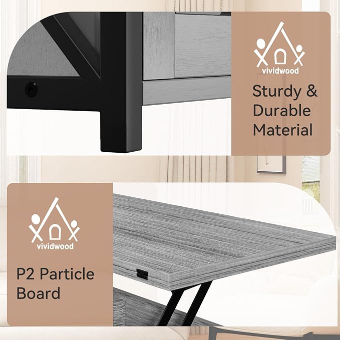 Lift Top Coffee Table with Storage and Sliding Door, 4 in 1 Multi-Function Convertible Tea Table with Hidden Compartment, Farmhouse Center Table with Wood Lift Tabletop for Living Room, Grey